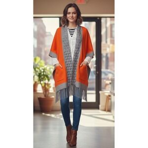 A_rin Women's Cape Scarf Front Pockets Heavy Colorblock Tassled Made in Korea